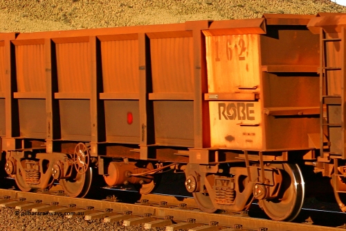 0162 060722 7625
Robe River ore waggon 162, built by Nippon Sharyo Nihon, rotary coupler end handbrake side empty view, at the 11.7 km, Cape Lambert. July 22, 2006.
Keywords: 162;Nippon-Sharyo-Nihon;Robe-ore-waggon;