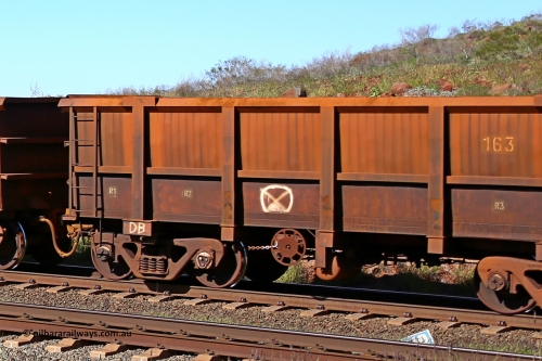 0163 160727 0961
Robe River ore waggon 163, built by Nippon Sharyo Nihon, handbrake side empty partial view at Harding Siding on the Cape Lambert line, July 27, 2016.
Keywords: 163;Nippon-Sharyo-Nihon;Robe-ore-waggon;