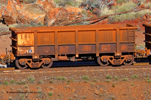 0166 180616 1740
Robe River ore waggon 166, built by Nippon Sharyo Nihon, rotary coupler end non-handbrake side empty view at the 38 km, Harding on the Cape Lambert line, June 16, 2018.
Keywords: 166;Nippon-Sharyo-Nihon;Robe-ore-waggon;