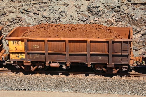 0170 160306 1518
Robe River ore waggon 170, built by Nippon Sharyo Nihon, fixed coupler non-handbrake side loaded view at the 45 km, Harding Siding on the Cape Lambert line. March 6, 2016.
Keywords: 170;Nippon-Sharyo-Nihon;Robe-ore-waggon;
