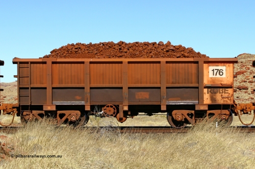 0176 060722 7517
Robe River ore waggon 176, built by Nippon Sharyo Nihon, handbrake side loaded view at the 78.8 km between Western Creek and Maitland on the Deepdale line. July 22, 2006.
Keywords: 176;Nippon-Sharyo-Nihon;Robe-ore-waggon;