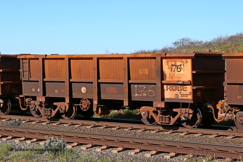 0176 160727 0982
Robe River ore waggon 176, built by Nippon Sharyo Nihon, rotary coupler end handbrake side empty view at Harding Siding on the Cape Lambert line, July 27, 2016.
Keywords: 176;Nippon-Sharyo-Nihon;Robe-ore-waggon;