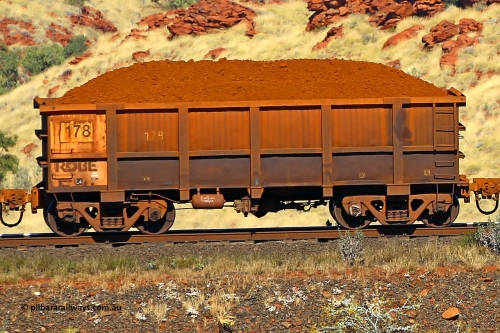 0178 170728 09936
Robe River ore waggon 178, built by Nippon Sharyo Nihon, non-handbrake side loaded view at the 72 km, Western Creek on the Deepdale line. July 28, 2017.
Keywords: 178;Nippon-Sharyo-Nihon;Robe-ore-waggon;