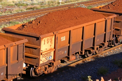 0188 210322 9776
Robe River ore waggon 188, built by Nippon Sharyo Nihon, rotary coupler end non-handbrake side loaded view at the 17 km on the Cape Lambert line, March 22, 2021.
Keywords: 188;Nippon-Sharyo-Nihon;Robe-ore-waggon;