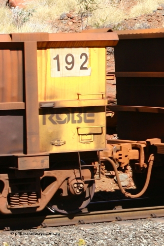 0192 060724 7915
Robe River ore waggon 192, built by Nippon Sharyo Nihon, rotary coupler end plate view at the 74 km, Western Creek on the Deepdale line. July 24, 2006.
Keywords: 192;Nippon-Sharyo-Nihon;Robe-ore-waggon;