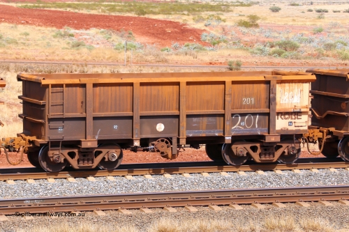 0201 141124 6866
Robe River ore waggon 201, built by Nippon Sharyo Nihon, fixed coupler handbrake side empty view at the 25 km at Arches Siding on the Cape Lambert line. November 24, 2014.
Keywords: 201;Nippon-Sharyo-Nihon;Robe-ore-waggon;
