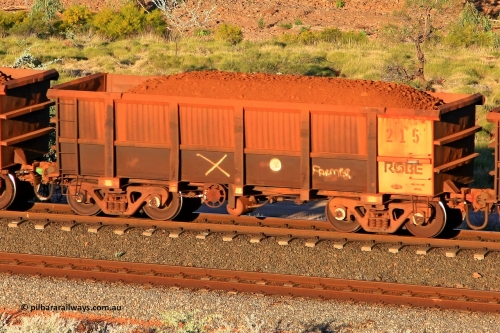 0215 110602 1733
Robe River ore waggon 215, built by Nippon Sharyo Nihon, rotary coupler end handbrake side loaded view at the 71 km, Western Creek on the Deepdale line. June 2, 2011.
Keywords: 215;Nippon-Sharyo-Nihon;Robe-ore-waggon;