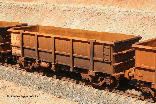 0215 160306 1298
Robe River ore waggon 215, built by Nippon Sharyo Nihon, fixed coupler non-handbrake side empty view at Greenpool on the Cape Lambert line. March 6, 2016.
Keywords: 215;Nippon-Sharyo-Nihon;Robe-ore-waggon;