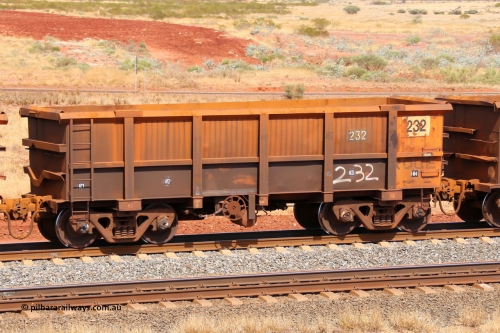 0232 141124 6836
Robe River ore waggon 232, built by Nippon Sharyo Nihon, fixed coupler handbrake side empty view at the 25 km at Arches Siding on the Cape Lambert line. November 24, 2014.
Keywords: 232;Nippon-Sharyo-Nihon;Robe-ore-waggon;