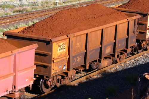 0232 210322 9701
Robe River ore waggon 232, built by Nippon Sharyo Nihon, rotary coupler end non-handbrake side loaded view at the 17 km on the Cape Lambert line, March 22, 2021.
Keywords: 232;Nippon-Sharyo-Nihon;Robe-ore-waggon;
