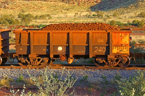 0240 170513 8744
Robe River ore waggon 240, built by Nippon Sharyo Nihon, handbrake side loaded view, Cape Lambert yard, May 13, 2017.
Keywords: 240;Nippon-Sharyo-Nihon;Robe-ore-waggon;