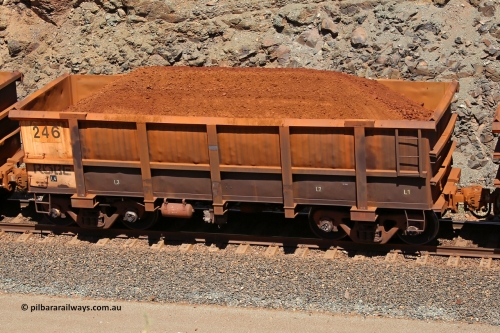 0246 160306 1654
Robe River ore waggon 246, built by Nippon Sharyo Nihon, fixed coupler non-handbrake side loaded view at the 45 km, Harding Siding on the Cape Lambert line. March 6, 2016.
Keywords: 246;Nippon-Sharyo-Nihon;Robe-ore-waggon;