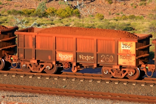 0260 110602 1725
Robe River ore waggon 260, built by Nippon Sharyo Nihon, rotary coupler end handbrake side loaded view at the 71 km, Western Creek on the Deepdale line. June 2, 2011.
Keywords: 260;Nippon-Sharyo-Nihon;Robe-ore-waggon;