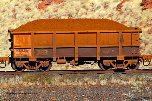 0282 170728 09937
Robe River ore waggon 282, built by Nippon Sharyo Nihon, non-handbrake side loaded view at the 72 km, Western Creek on the Deepdale line. July 28, 2017.
Keywords: 282;Nippon-Sharyo-Nihon;Robe-ore-waggon;