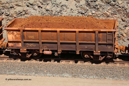 0285 160306 1577
Robe River ore waggon 285, built by Nippon Sharyo Nihon, fixed coupler handbrake side loaded view at the 45 km, Harding Siding on the Cape Lambert line. March 6, 2016.
Keywords: 285;Nippon-Sharyo-Nihon;Robe-ore-waggon;