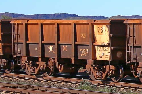 0289 160727 0970
Robe River ore waggon 289, built by Nippon Sharyo Nihon, rotary coupler end handbrake side empty view at Harding Siding on the Cape Lambert line, July 27, 2016.
Keywords: 289;Nippon-Sharyo-Nihon;Robe-ore-waggon;