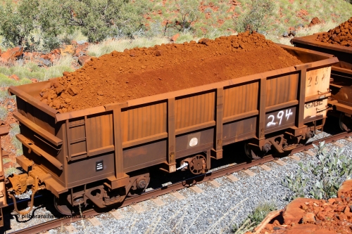 0294 180616 1868
Robe River ore waggon 294, built by Nippon Sharyo Nihon, fixed coupler handbrake side loaded view at Maitland Siding on the Deepdale line, June 16, 2018.
Keywords: 294;Nippon-Sharyo-Nihon;Robe-ore-waggon;
