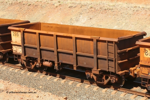 0295 160306 1248
Robe River ore waggon 295, built by Nippon Sharyo Nihon, fixed coupler non-handbrake side empty view at Greenpool on the Cape Lambert line. March 6, 2016.
Keywords: 295;Nippon-Sharyo-Nihon;Robe-ore-waggon;