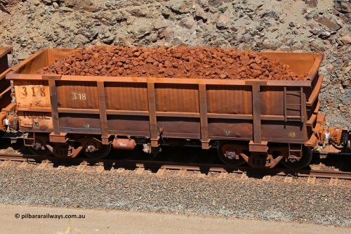 0318 160306 1673
Robe River ore waggon 318, built by Nippon Sharyo Nihon, fixed coupler non-handbrake side loaded view at the 45 km, Harding Siding on the Cape Lambert line. March 6, 2016.
Keywords: 318;Nippon-Sharyo-Nihon;Robe-ore-waggon;