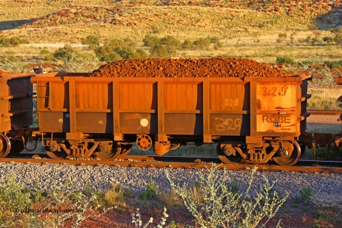 0329 170513 8645
Robe River ore waggon 329, built by Nippon Sharyo Nihon, handbrake side loaded view, Cape Lambert yard, May 13, 2017.
Keywords: 329;Nippon-Sharyo-Nihon;Robe-ore-waggon;