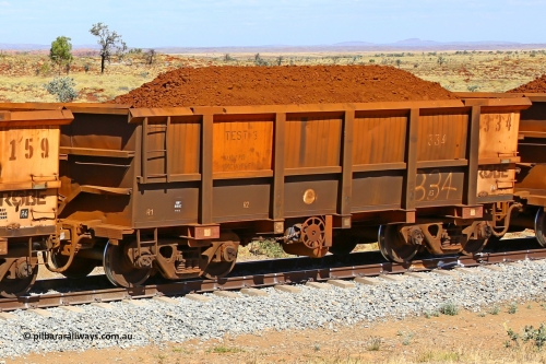 0334 170729 0228
Robe River ore waggon 334, built by Nippon Sharyo Nihon, fixed coupler handbrake side loaded view. Stencil says TEST 3 DO NOT UNCOUPLE, at the 103 km, between Maitland Siding and the Fortescue River on the Deepdale line. July 29, 2017.
Keywords: 334;Nippon-Sharyo-Nihon;Robe-ore-waggon;