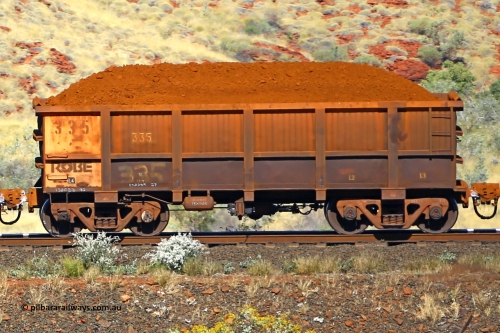 0335 170728 09929
Robe River ore waggon 335, built by Nippon Sharyo Nihon, non-handbrake side loaded view at the 72 km, Western Creek on the Deepdale line. July 28, 2017.
Keywords: 335;Nippon-Sharyo-Nihon;Robe-ore-waggon;
