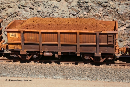 0411 160306 1576
Robe River ore waggon 411, built by Tomlinson Steel WA, fixed coupler non-handbrake side loaded view at the 45 km, Harding Siding on the Cape Lambert line. March 6, 2016.
Keywords: 411;Tomlinson-Steel-WA;Robe-ore-waggon;