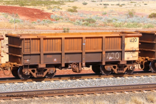 0420 141124 6795
Robe River ore waggon 420, built by Tomlinson Steel WA, fixed coupler handbrake side empty view at the 25 km at Arches Siding on the Cape Lambert line. November 24, 2014.
Keywords: 420;Tomlinson-Steel-WA;Robe-ore-waggon;