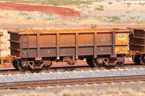 0426 141124 6841
Robe River ore waggon 426, built by Tomlinson Steel WA, fixed coupler handbrake side empty view at the 25 km at Arches Siding on the Cape Lambert line. November 24, 2014.
Keywords: 426;Tomlinson-Steel-WA;Robe-ore-waggon;
