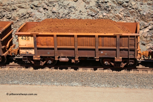 0435 160306 1541
Robe River ore waggon 435, built by Tomlinson Steel WA, fixed coupler non-handbrake side loaded partial view of end, at the 45 km, Harding Siding on the Cape Lambert line. March 6, 2016.
Keywords: 435;Tomlinson-Steel-WA;Robe-ore-waggon;