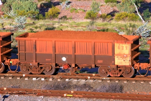 0438 110602 1655
Robe River ore waggon 438, built by Tomlinson Steel WA, rotary coupler end handbrake side loaded view at the 71 km, Western Creek on the Deepdale line. June 2, 2011.
Keywords: 438;Tomlinson-Steel-WA;Robe-ore-waggon;
