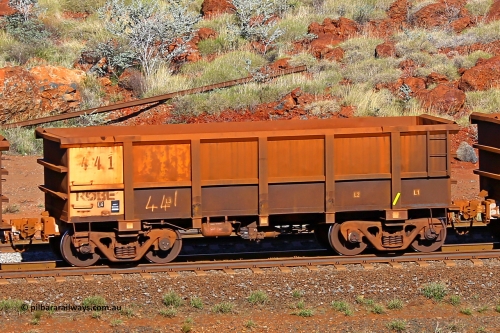 0441 180616 1703
Robe River ore waggon 441, built by Tomlinson Steel WA, rotary coupler end non-handbrake side empty view at the 38 km, Harding on the Cape Lambert line, June 16, 2018.
Keywords: 441;Tomlinson-Steel-WA;Robe-ore-waggon;