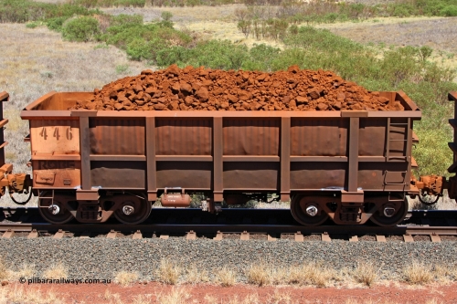 0446 081209 0131
Robe River ore waggon 446, built by Tomlinson Steel WA, non-handbrake side loaded view at the 7 km location just south of Cape Lambert yard. December 9, 2008.
Keywords: 446;Tomlinson-Steel-WA;Robe-ore-waggon;