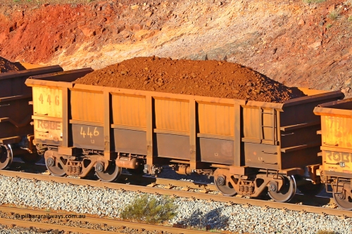 0446 180616 1652
Robe River ore waggon 446, built by Tomlinson Steel WA, fixed coupler non-handbrake side loaded view at the 38.5 km, Harding on the Cape Lambert line, June 16, 2018.
Keywords: 446;Tomlinson-Steel-WA;Robe-ore-waggon;