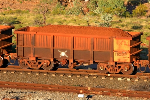 0449 110602 1619
Robe River ore waggon 449, built by Tomlinson Steel WA, rotary coupler end handbrake side loaded view at the 71 km, Western Creek on the Deepdale line. June 2, 2011.
Keywords: 449;Tomlinson-Steel-WA;Robe-ore-waggon;