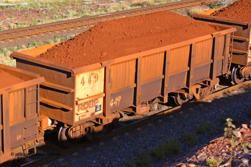 0449 210322 9688
Robe River ore waggon 449, built by Tomlinson Steel WA, rotary coupler end non-handbrake side loaded view at the 17 km on the Cape Lambert line, March 22, 2021.
Keywords: 449;Tomlinson-Steel-WA;Robe-ore-waggon;