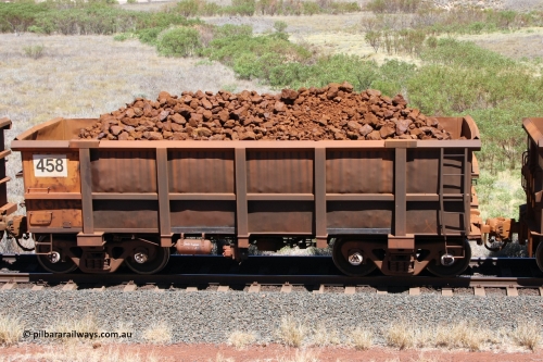 0458 081209 0117
Robe River ore waggon 458, built by Tomlinson Steel WA, non-handbrake side loaded view at the 7 km location just south of Cape Lambert yard. December 9, 2008.
Keywords: 458;Tomlinson-Steel-WA;Robe-ore-waggon;