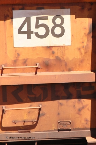 0458 081209 0118
Robe River ore waggon 458, built by Tomlinson Steel WA, non-handbrake side rotary coupling panel and plate view at the 7 km location just south of Cape Lambert yard. December 9, 2008.
Keywords: 458;Tomlinson-Steel-WA;Robe-ore-waggon;