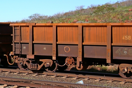 0458 160727 0983
Robe River ore waggon 458, built by Tomlinson Steel WA, rotary coupler end handbrake side empty partial view at Harding Siding on the Cape Lambert line, July 27, 2016.
Keywords: 458;Tomlinson-Steel-WA;Robe-ore-waggon;
