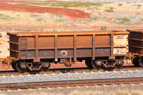 0465 141124 6865
Robe River ore waggon 465, built by Tomlinson Steel WA, fixed coupler handbrake side empty view at the 25 km at Arches Siding on the Cape Lambert line. November 24, 2014.
Keywords: 465;Tomlinson-Steel-WA;Robe-ore-waggon;