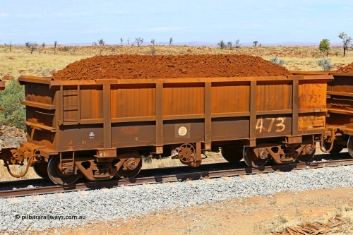 0473 170729 0205
Robe River ore waggon 473, built by Tomlinson Steel WA, fixed coupler handbrake side loaded view at the 103 km, between Maitland Siding and the Fortescue River on the Deepdale line. July 29, 2017.
Keywords: 473;Tomlinson-Steel-WA;Robe-ore-waggon;