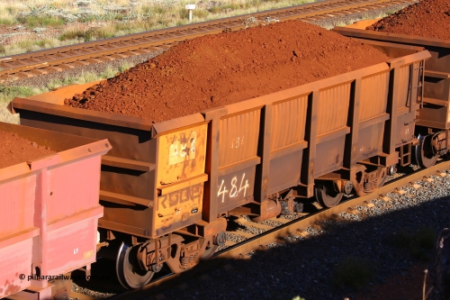 0484 210322 9728
Robe River ore waggon 484, built by Tomlinson Steel WA, rotary coupler end non-handbrake side loaded view at the 17 km on the Cape Lambert line, March 22, 2021.
Keywords: 484;Tomlinson-Steel-WA;Robe-ore-waggon;