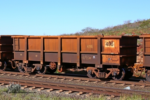 0496 160727 0985
Robe River ore waggon 496, built by Tomlinson Steel WA, rotary coupler end handbrake side empty view at Harding Siding on the Cape Lambert line, July 27, 2016.
Keywords: 496;Tomlinson-Steel-WA;Robe-ore-waggon;