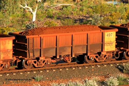 0497 110602 1596
Robe River ore waggon 497, built by Tomlinson Steel WA, fixed coupler handbrake side loaded view at the 71 km, Western Creek on the Deepdale line. June 2, 2011.
Keywords: 497;Tomlinson-Steel-WA;Robe-ore-waggon;