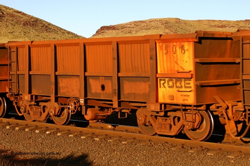 0506 060722 7623
Robe River ore waggon 506, built by Tomlinson Steel WA, rotary coupler end handbrake side empty view, at the 11.7 km, Cape Lambert. July 22, 2006.
Keywords: 506;Tomlinson-Steel-WA;Robe-ore-waggon;