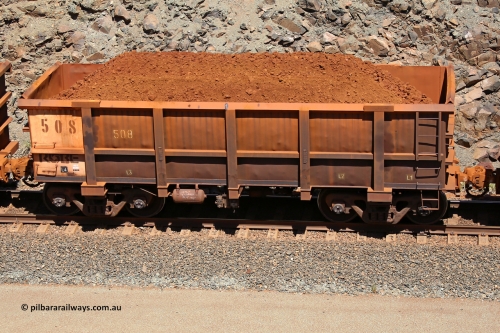 0508 160306 1539
Robe River ore waggon 508, built by Tomlinson Steel WA, fixed coupler non-handbrake side loaded view, at the 45 km, Harding Siding on the Cape Lambert line. March 6, 2016.
Keywords: 508;Tomlinson-Steel-WA;Robe-ore-waggon;