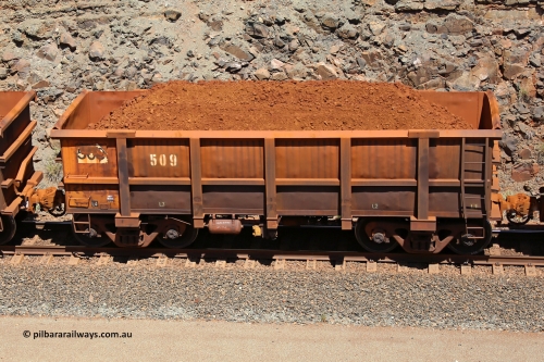 0509 160306 1546
Robe River ore waggon 509, built by Tomlinson Steel WA, fixed coupler non-handbrake side loaded view, at the 45 km, Harding Siding on the Cape Lambert line. March 6, 2016.
Keywords: 509;Tomlinson-Steel-WA;Robe-ore-waggon;
