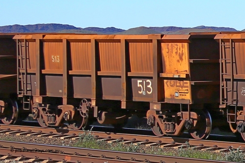 0513 160727 0976
Robe River ore waggon 513, built by Tomlinson Steel WA, rotary coupler end handbrake side empty view at Harding Siding on the Cape Lambert line, July 27, 2016.
Keywords: 513;Tomlinson-Steel-WA;Robe-ore-waggon;