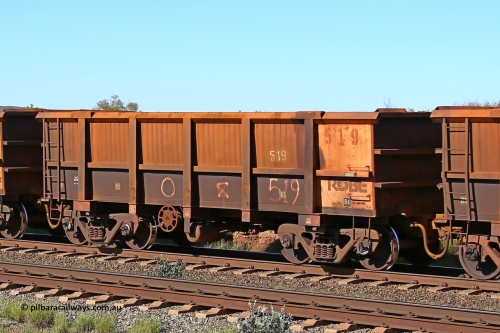 0519 160727 0967
Robe River ore waggon 519, built by Tomlinson Steel WA, rotary coupler end handbrake side empty view at Harding Siding on the Cape Lambert line, July 27, 2016.
Keywords: 519;Tomlinson-Steel-WA;Robe-ore-waggon;