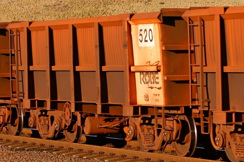 0520 060722 7587
Robe River ore waggon 520, built by Tomlinson Steel WA, rotary coupler end handbrake side empty view, at the 11.7 km, Cape Lambert. July 22, 2006.
Keywords: 520;Tomlinson-Steel-WA;Robe-ore-waggon;
